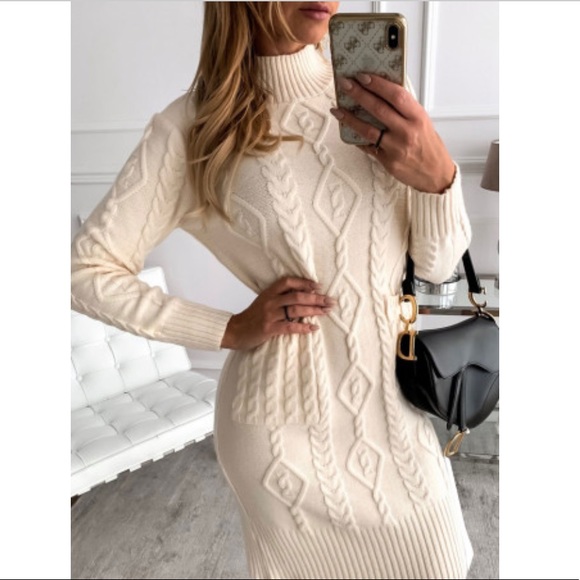 Beige High Neck Textured Bodycon Sweater Dress - Picture 5 of 14